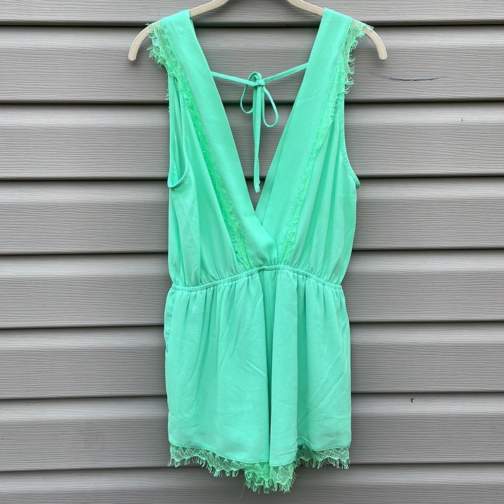 Seafoam Lace Trim Plunging Romper